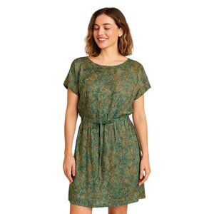 GO FISH Handmade Batik Rayon Dress M Green Gold Abstract Art Swirl Boho Chic